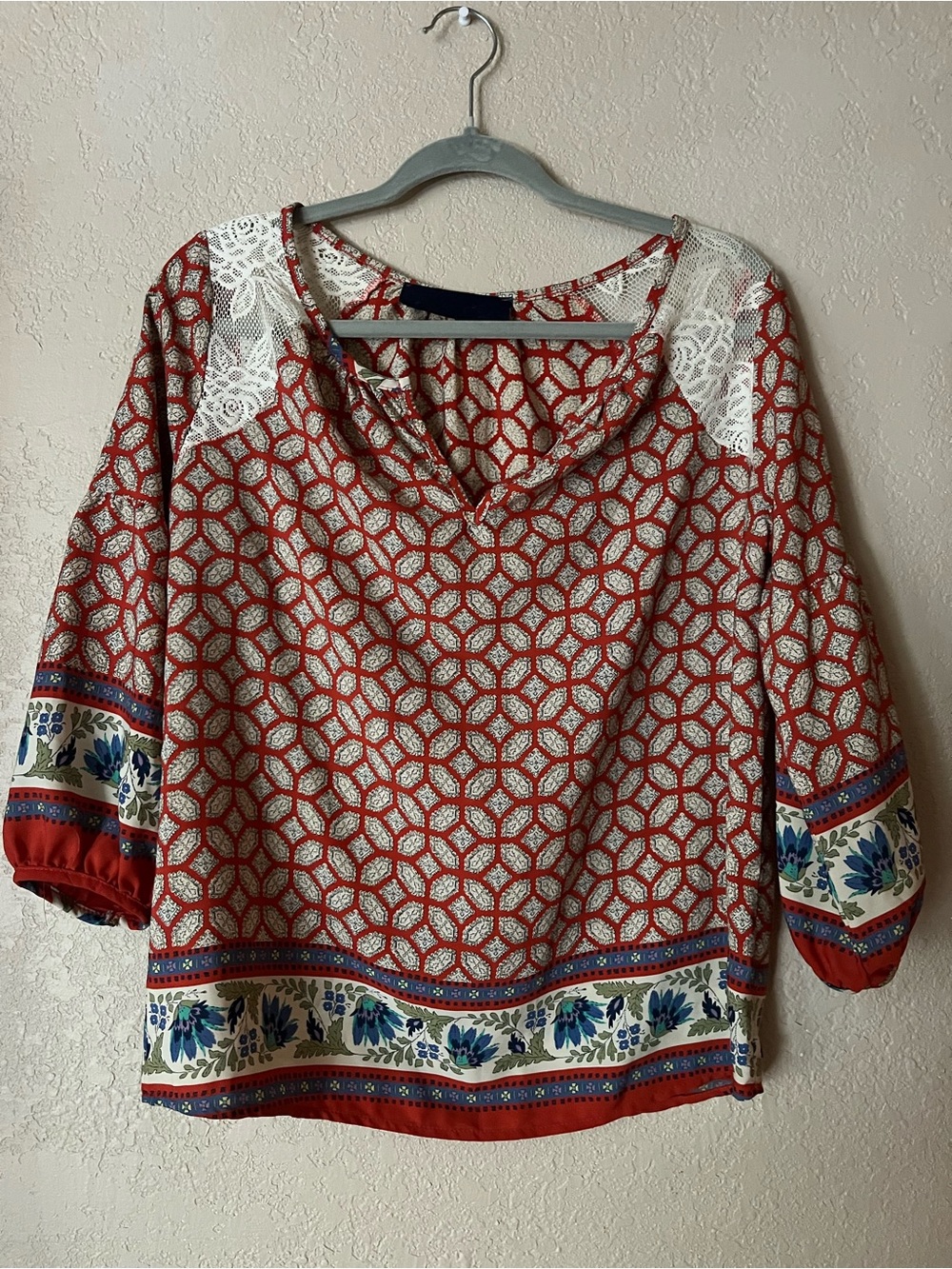 Women's Orange Floral Border Lace Detail Peasant Top